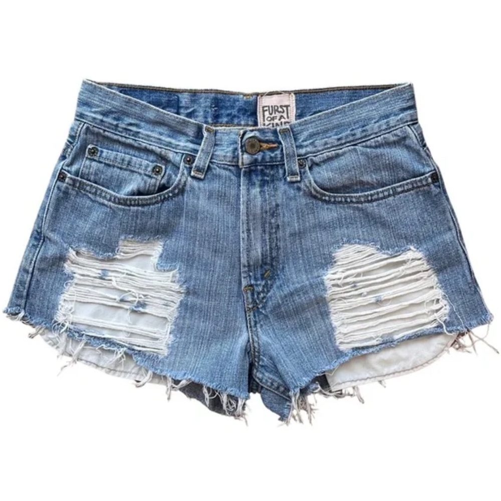 L F x Furst of a Kind Vintage Distressed Light Blue Denim Levi Shorts